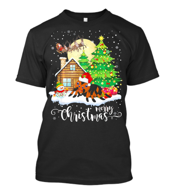 Funny Merry Christmas Tarantula Cabin Snowman Scene T-Shirt