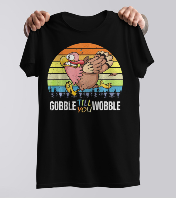 Gobble Till You Wobble Retro Turkey Running With Colorful Stripes T-Shirt