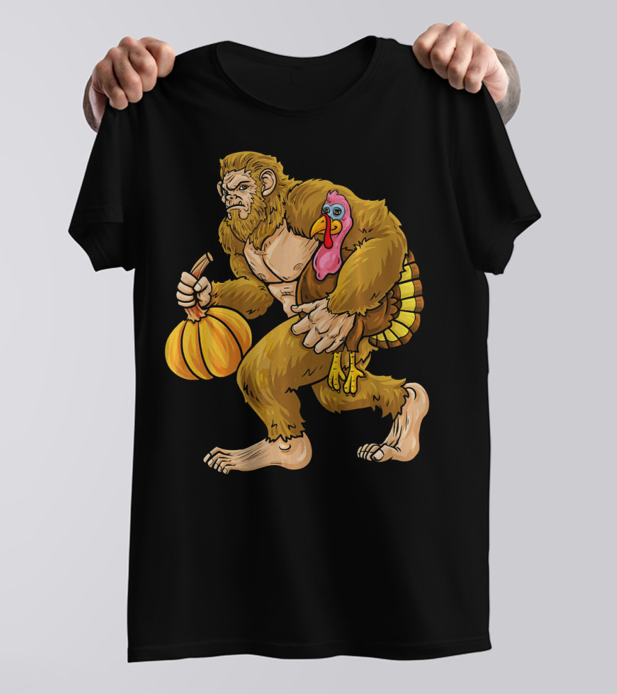 HideSeek Champion Bigfoot Carries Turkey And Pumpkin T-Shirt