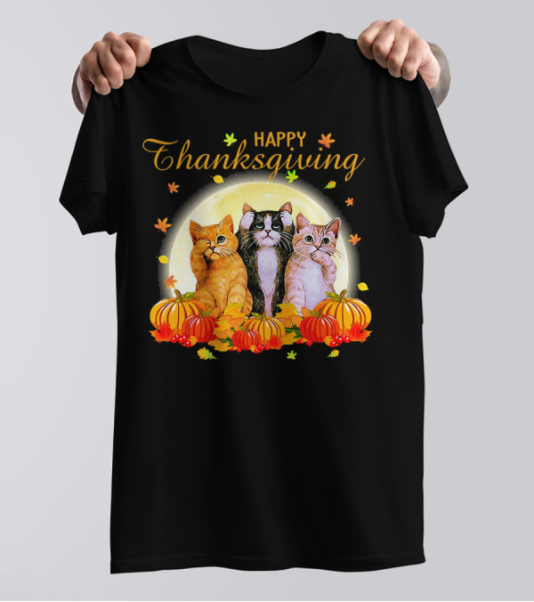 Happy Thanksgiving Day Cats With Pumpkins And Fall Leaves T-Shirt