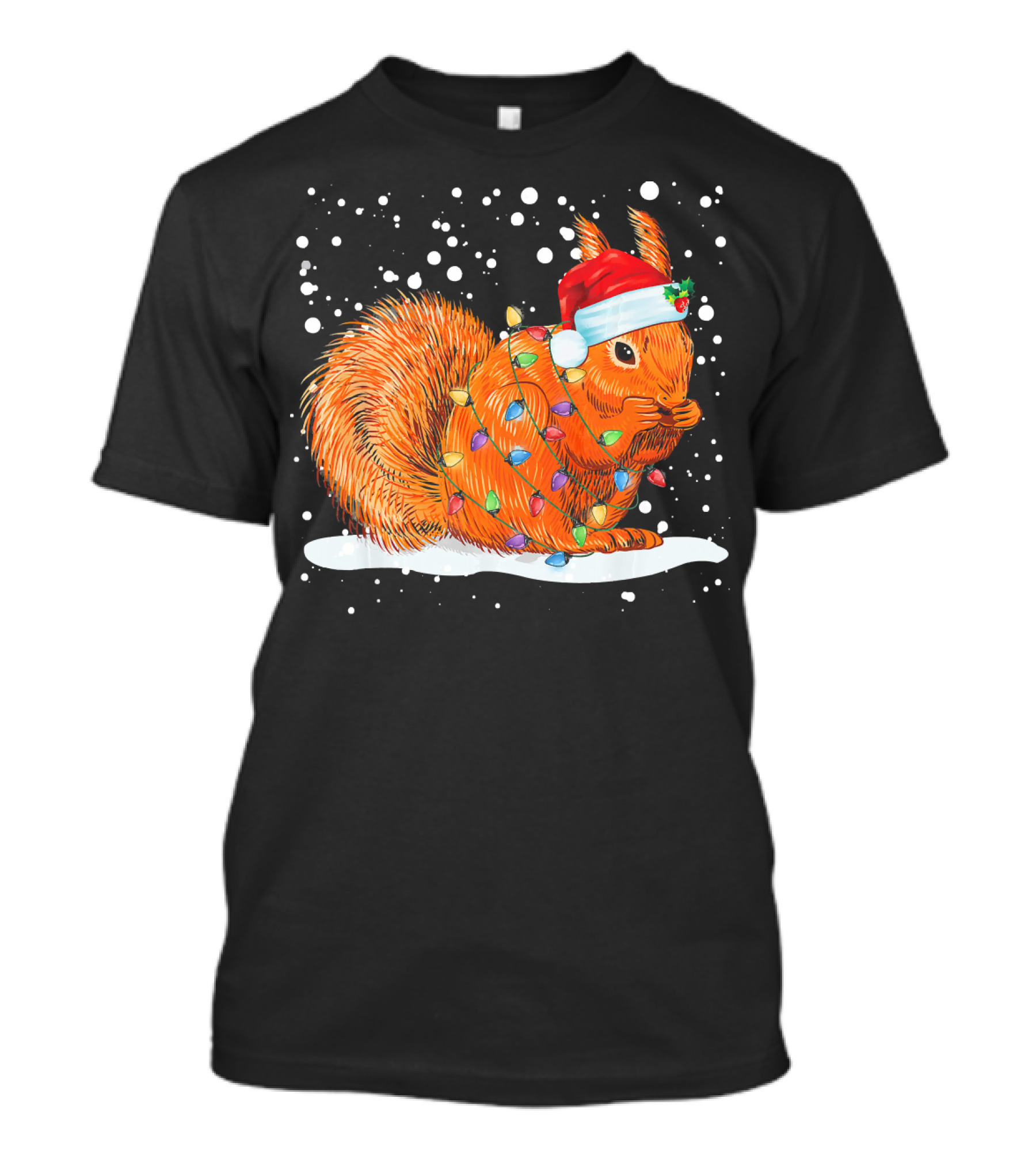 Funny Christmas Squirrel Santa Hat Wrapped In Holiday Lights Snowflakes T-Shirt