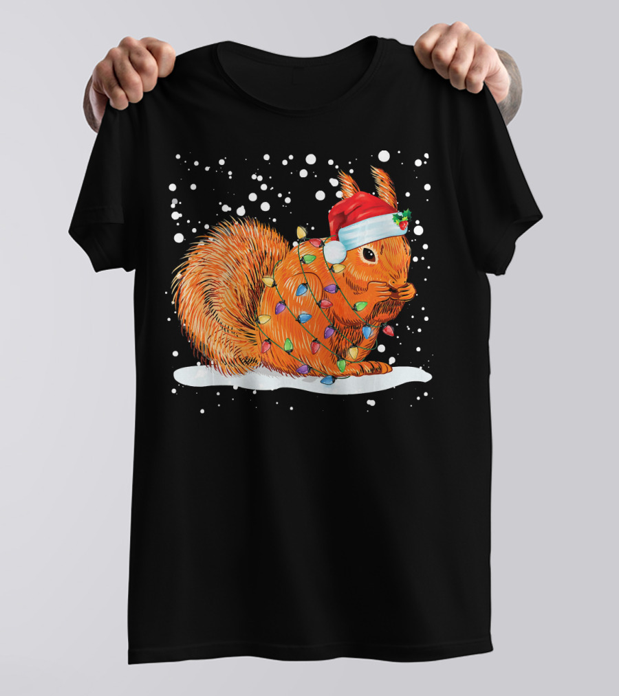Funny Christmas Squirrel Santa Hat Wrapped In Holiday Lights Snowflakes T-Shirt