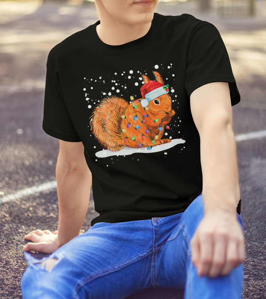 Funny Christmas Squirrel Santa Hat Wrapped In Holiday Lights Snowflakes T-Shirt
