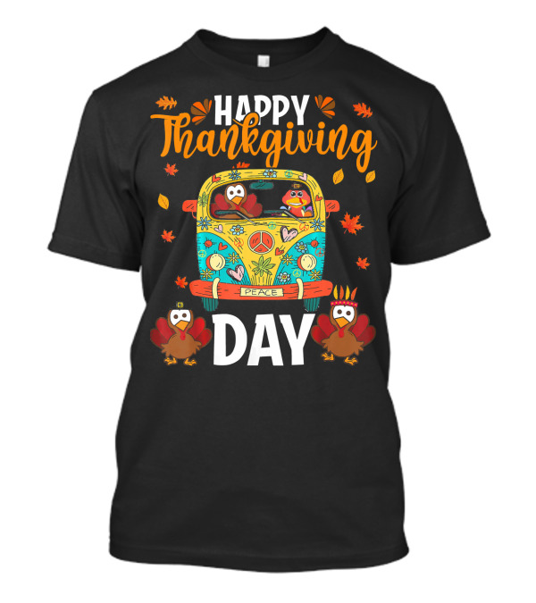 Happy Thanksgiving Day Funny Turkey Peace Bus Retro Hippie T-Shirt