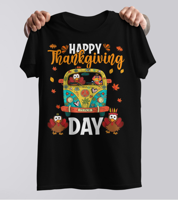 Happy Thanksgiving Day Funny Turkey Peace Bus Retro Hippie T-Shirt