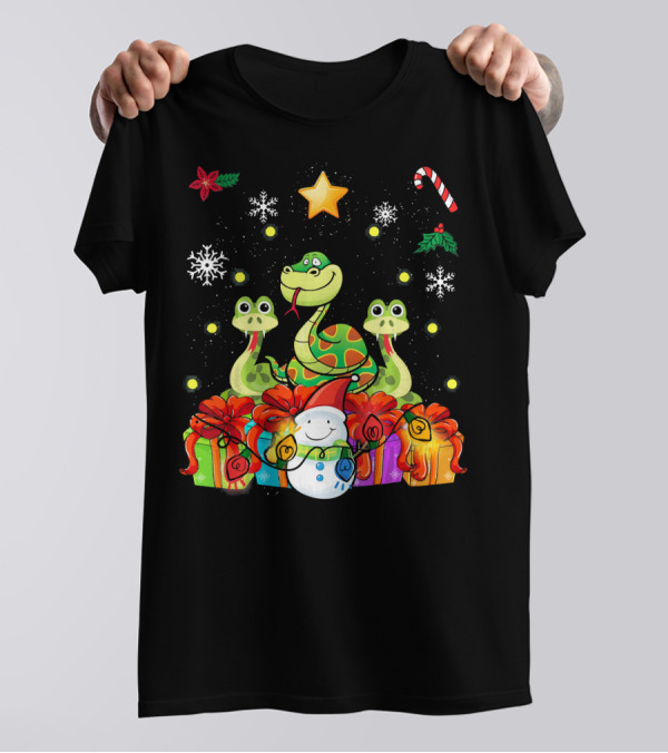 Funny Python Snake Christmas Tree Decor With Snowman And Presents T-Shirt
