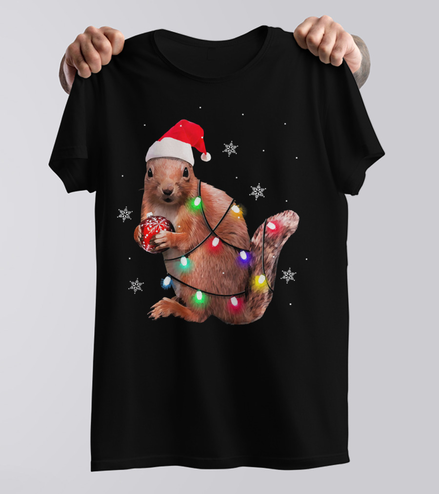 Funny Squirrel Christmas Ornaments Santa Hat Lights Snowflakes T-Shirt