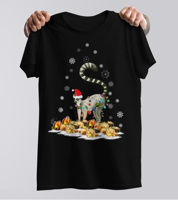 Funny Cute Lemur In Santa Hat With Christmas Lights And Snowflakes T-Shirt