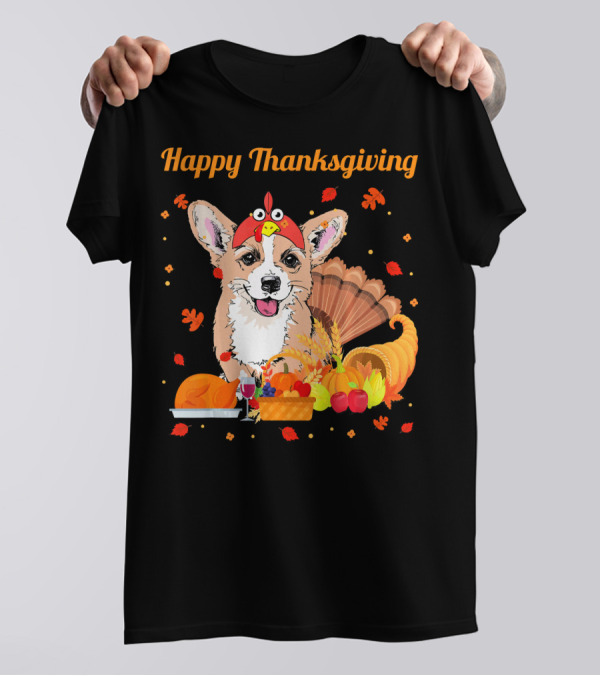 Happy Thanksgiving Corgi With Feast And Turkey Hat T-Shirt