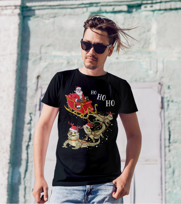 Funny Christmas Bearded Dragon Santa Sleigh Ho Ho Ho T-Shirt