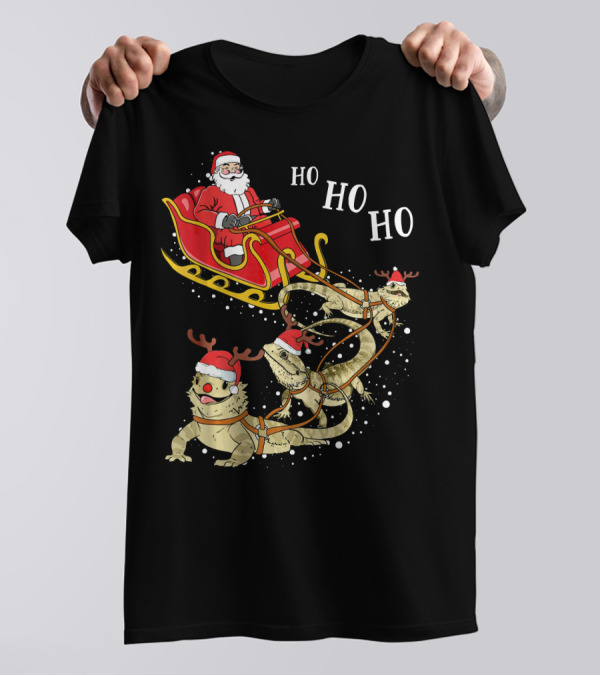 Funny Christmas Bearded Dragon Santa Sleigh Ho Ho Ho T-Shirt