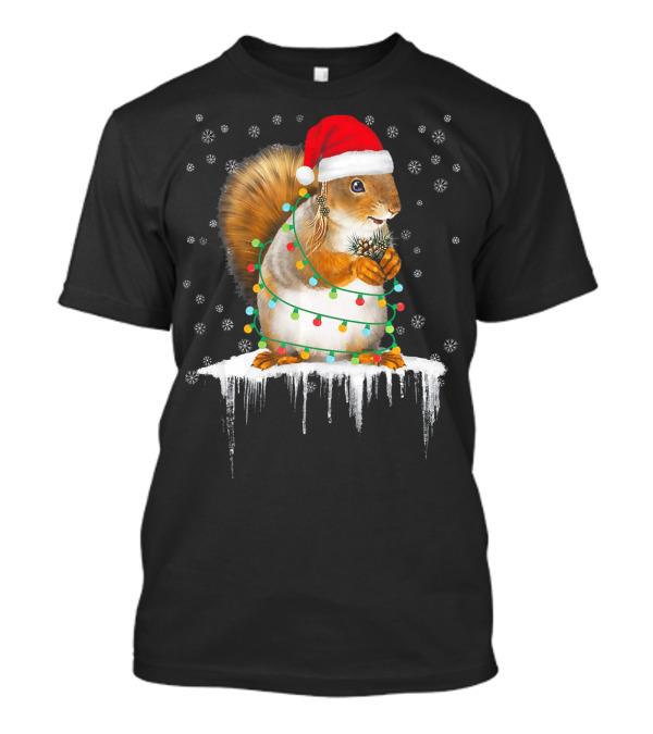 Funny Squirrel In Santa Hat Wrapped In Christmas Lights With Snowflakes T-Shirt