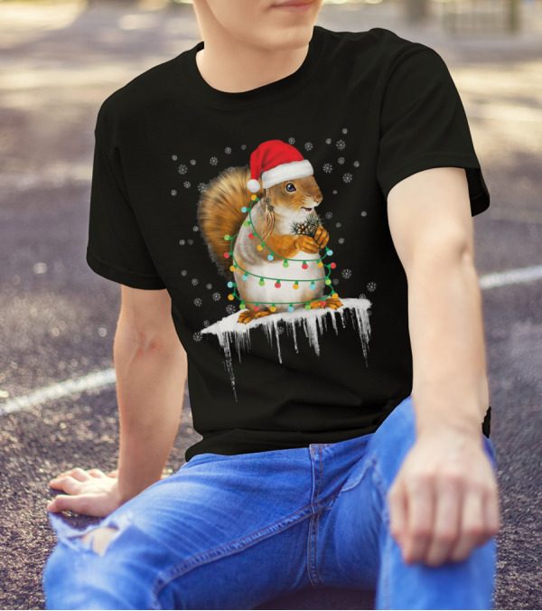 Funny Squirrel In Santa Hat Wrapped In Christmas Lights With Snowflakes T-Shirt