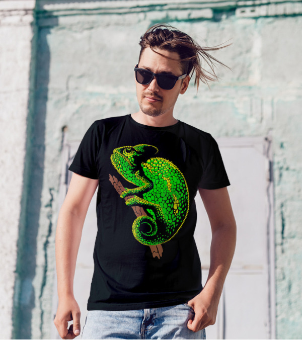 Funny Colorful Green Chameleon On A Branch T-Shirt