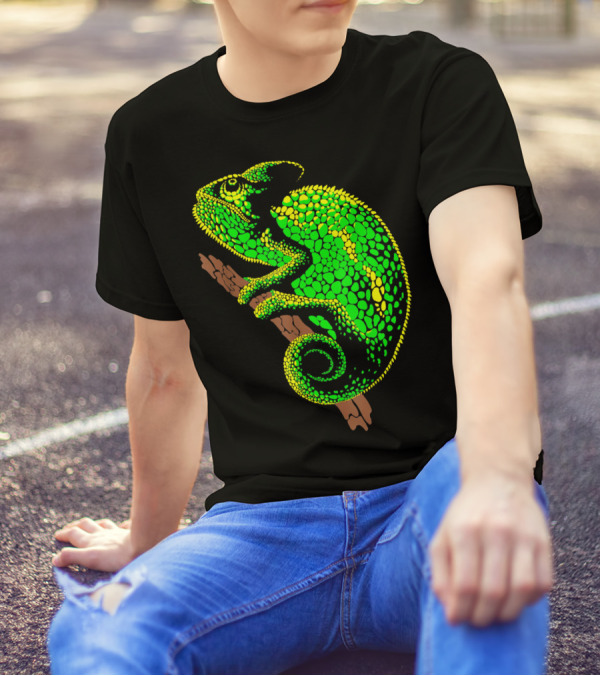 Funny Colorful Green Chameleon On A Branch T-Shirt
