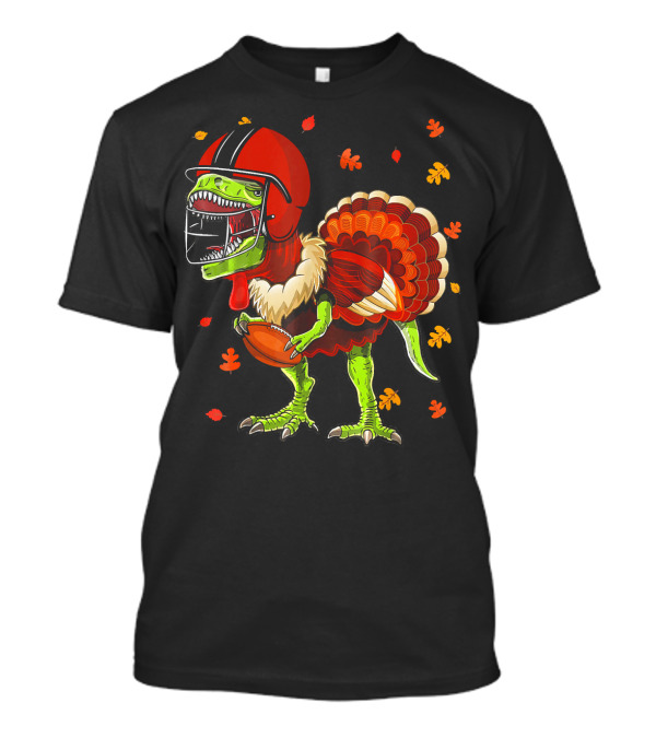 Football Rex Pilgrim Turkey Dinosaur Helmet Autumn Leaves T-Shirt