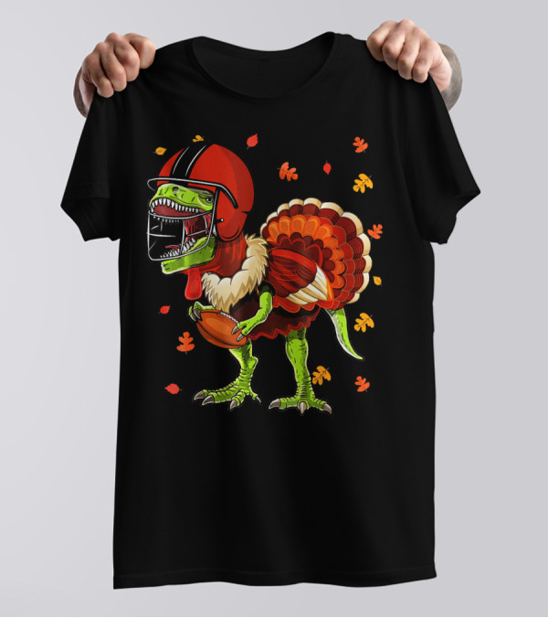 Football Rex Pilgrim Turkey Dinosaur Helmet Autumn Leaves T-Shirt
