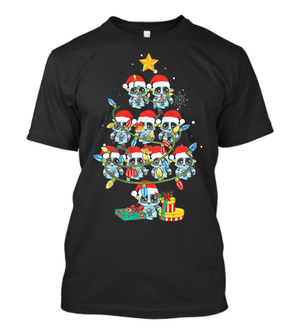 Funny Lemur Christmas Tree With Santa Hats And Holiday Lights T-Shirt