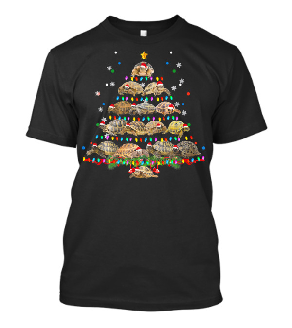 Russian Tortoise Christmas Tree With Colorful Lights And Santa Hats T-Shirt