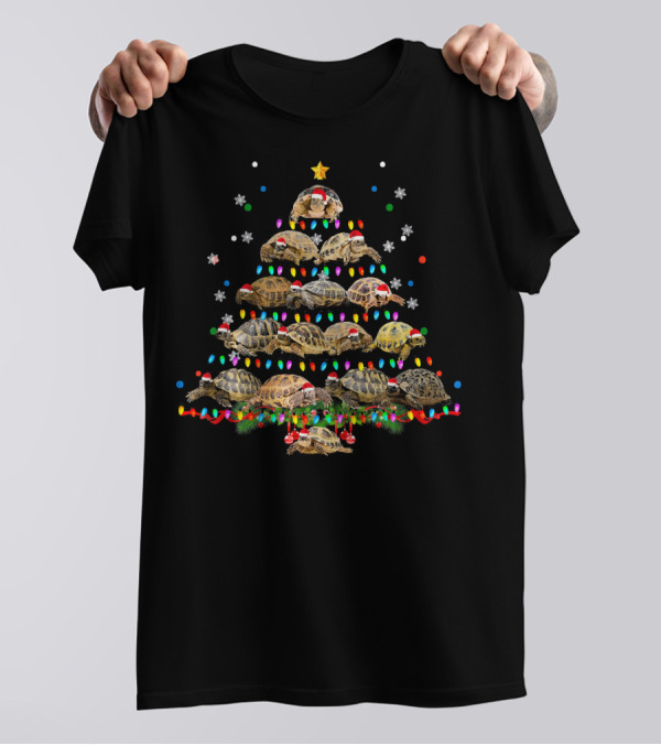 Russian Tortoise Christmas Tree With Colorful Lights And Santa Hats T-Shirt