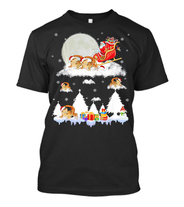 Funny Bearded Dragon Christmas Santa Sled Moon Snowflakes T-Shirt