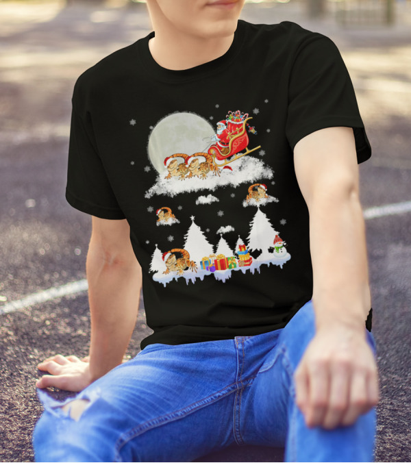 Funny Bearded Dragon Christmas Santa Sled Moon Snowflakes T-Shirt