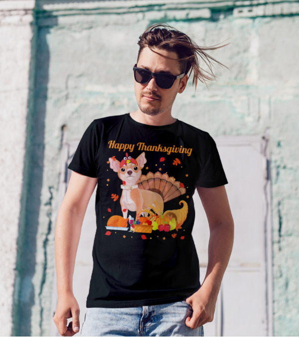 Happy Thanksgiving Chihuahua With Turkey And Cornucopia T-Shirt