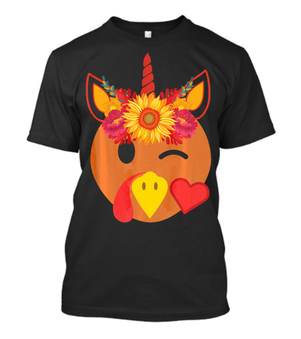 Winking Turkey Unicorn With Sunflower Crown And Heart T-Shirt