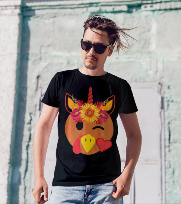 Winking Turkey Unicorn With Sunflower Crown And Heart T-Shirt