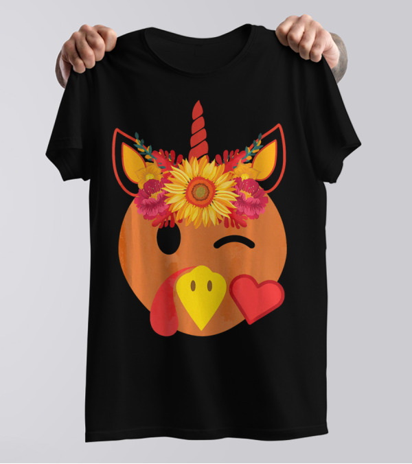 Winking Turkey Unicorn With Sunflower Crown And Heart T-Shirt