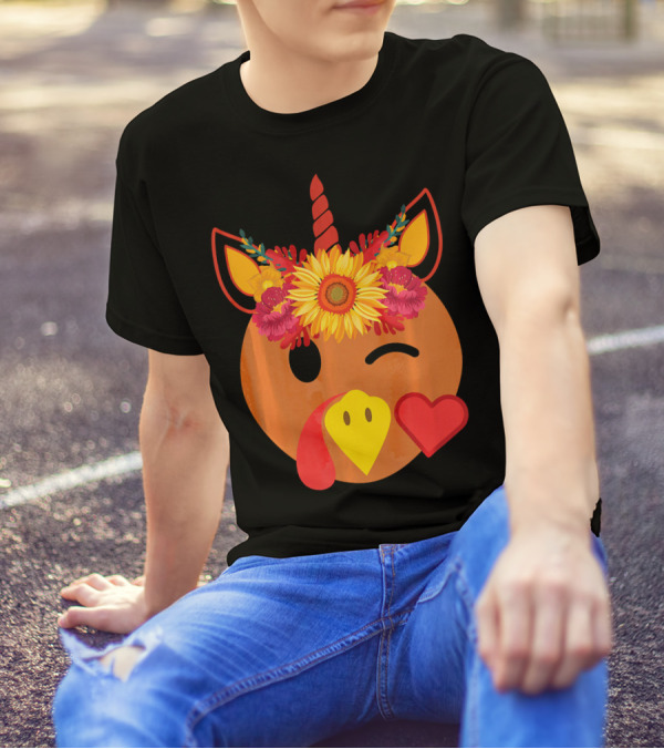 Winking Turkey Unicorn With Sunflower Crown And Heart T-Shirt