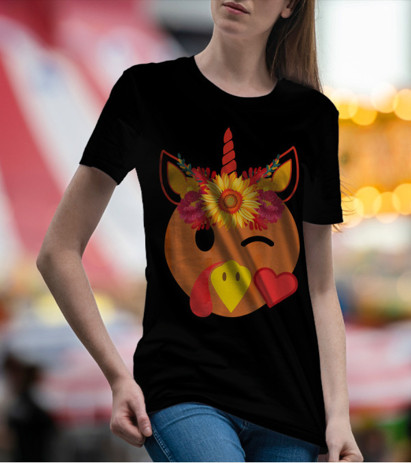 Winking Turkey Unicorn With Sunflower Crown And Heart T-Shirt