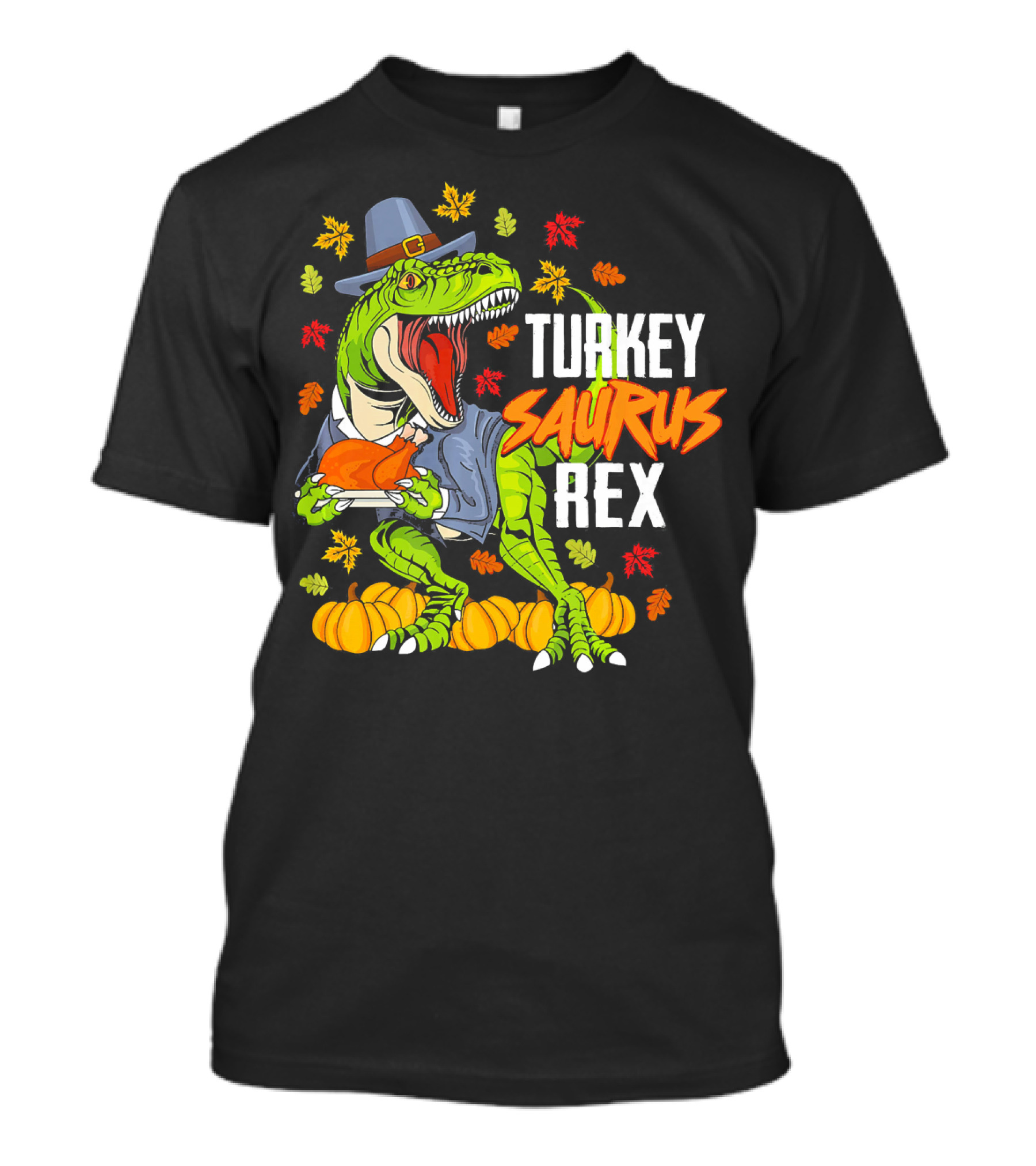 Thanksgiving Turkey Saurus Rex Dinosaur In Pilgrim Hat With Pumpkins And Leaves T-Shirt