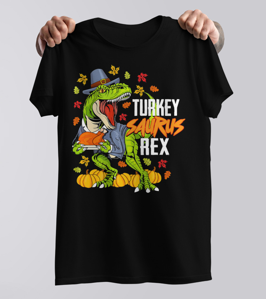Thanksgiving Turkey Saurus Rex Dinosaur In Pilgrim Hat With Pumpkins And Leaves T-Shirt