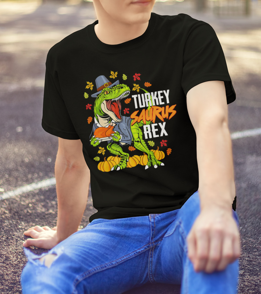 Thanksgiving Turkey Saurus Rex Dinosaur In Pilgrim Hat With Pumpkins And Leaves T-Shirt