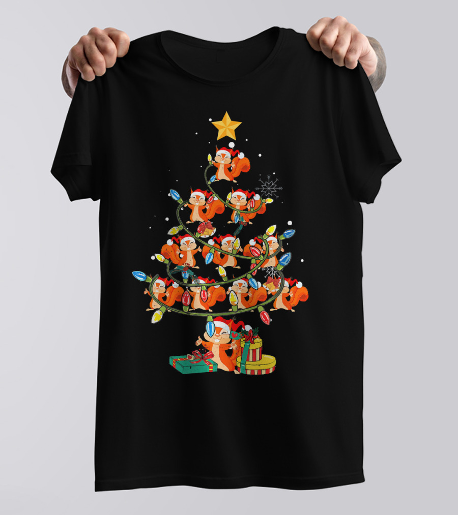 Squirrel Christmas Tree With Santa Hat Lights And Gifts T-Shirt
