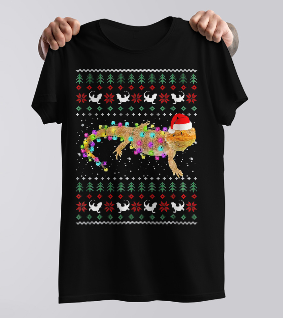 Bearded Dragon Christmas Lights Santa Hat Funny Festive T-Shirt