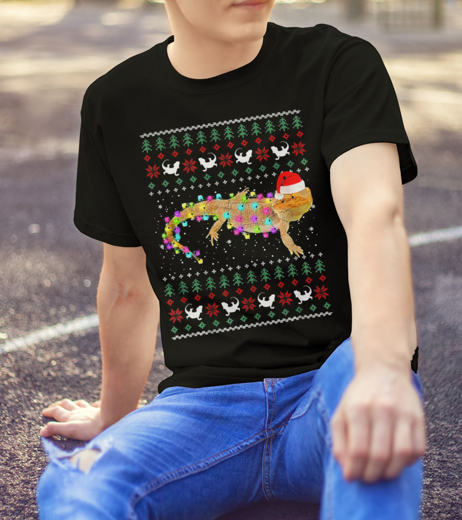Bearded Dragon Christmas Lights Santa Hat Funny Festive T-Shirt