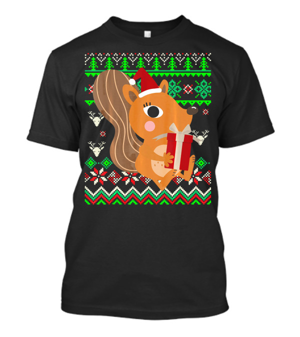 Forest Animal Christmas Squirrel Santa Hat Present Nordic T-Shirt