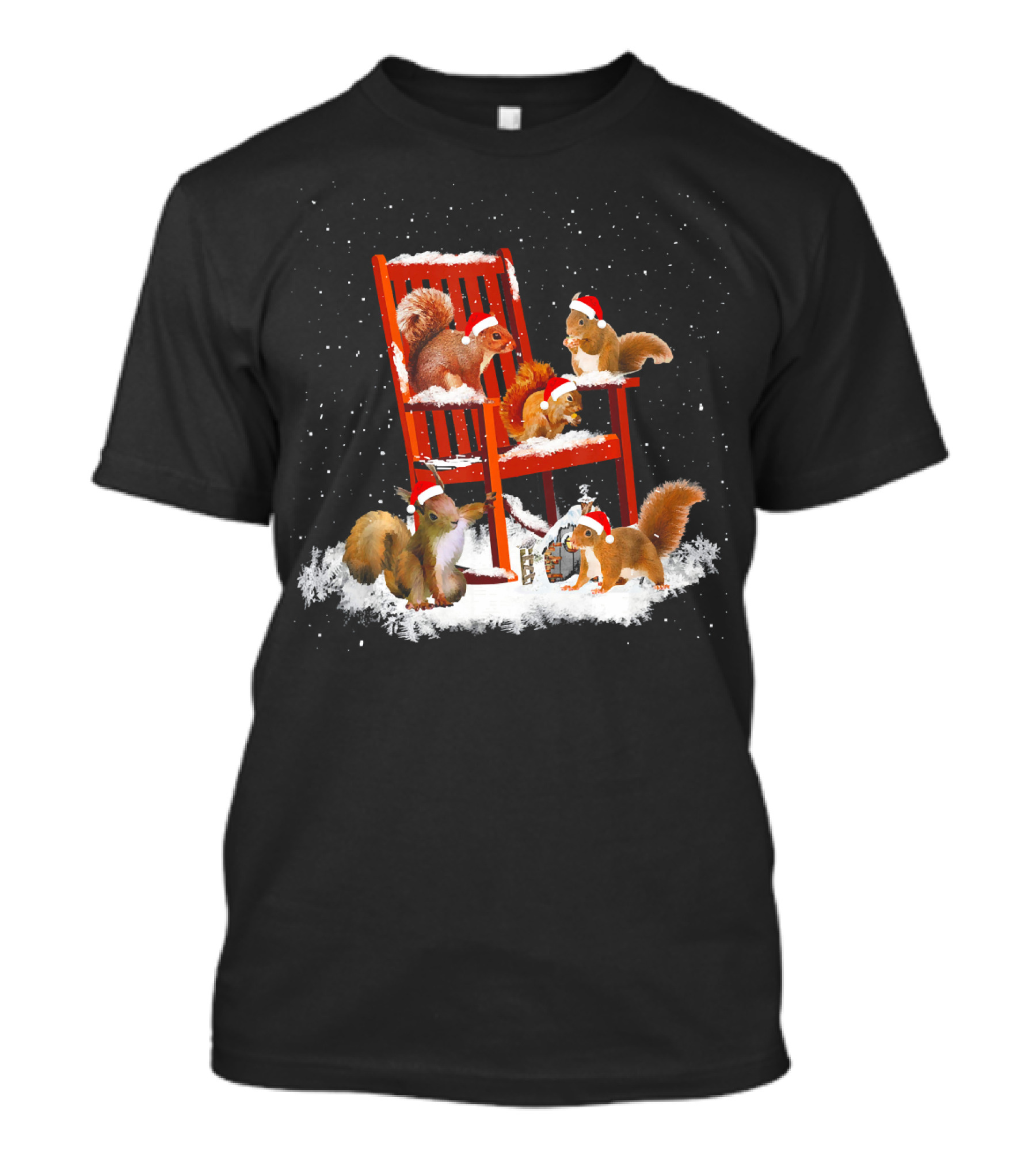 Funny Squirrel Christmas Santa Hat Rocking Chair Snow Scene T-Shirt
