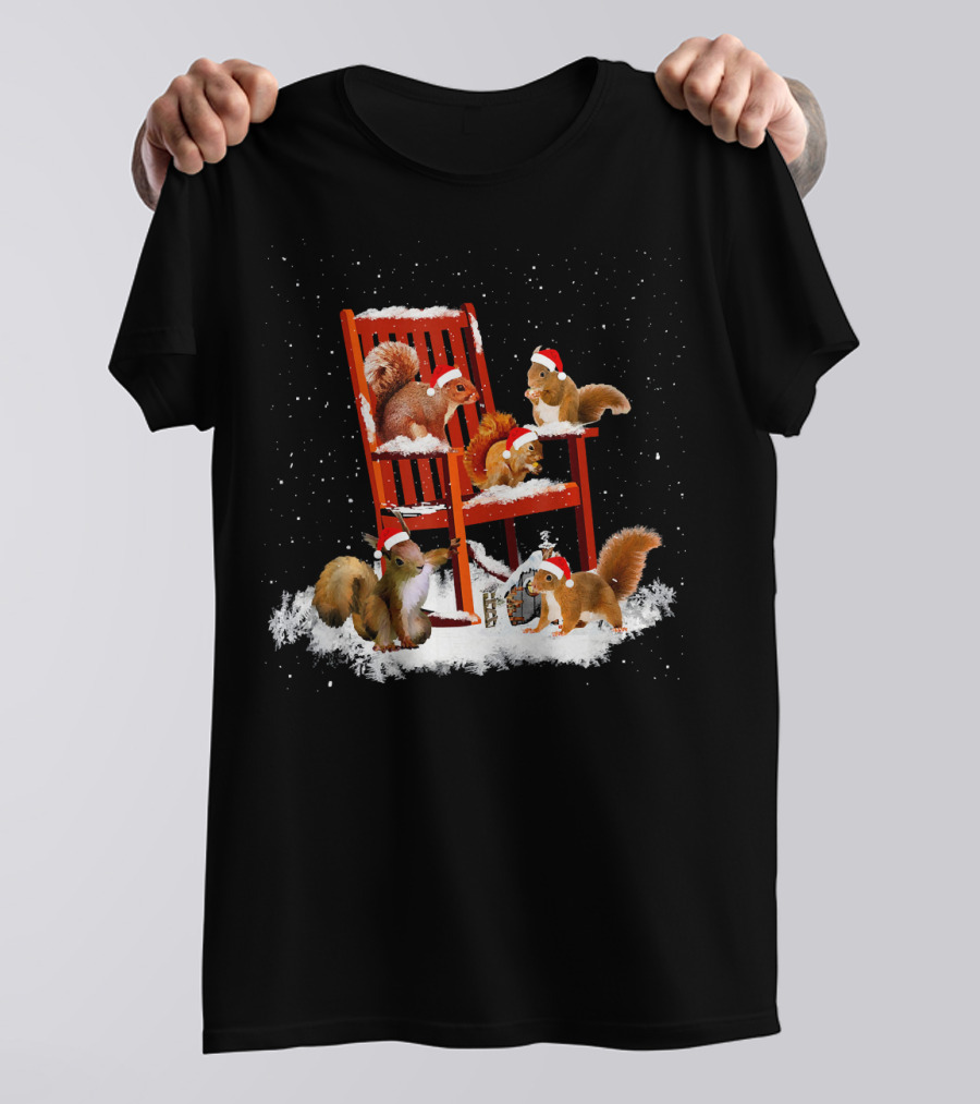 Funny Squirrel Christmas Santa Hat Rocking Chair Snow Scene T-Shirt