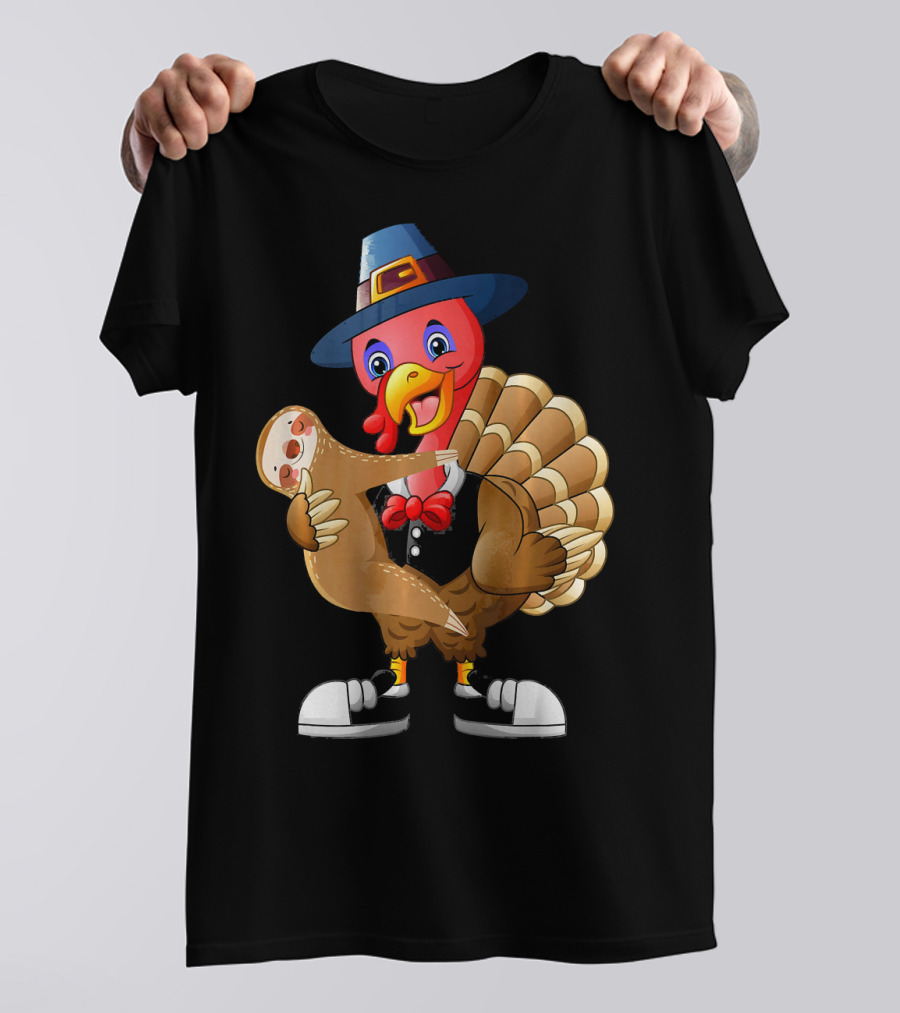 Funny Sloth Thanksgiving Turkey Holding Hugging Silly T-Shirt