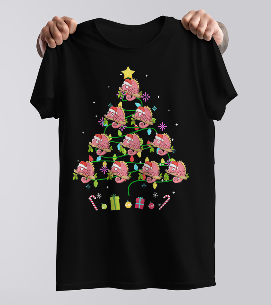 Funny Chameleon Christmas Tree With Santa Hats And Candy Canes T-Shirt