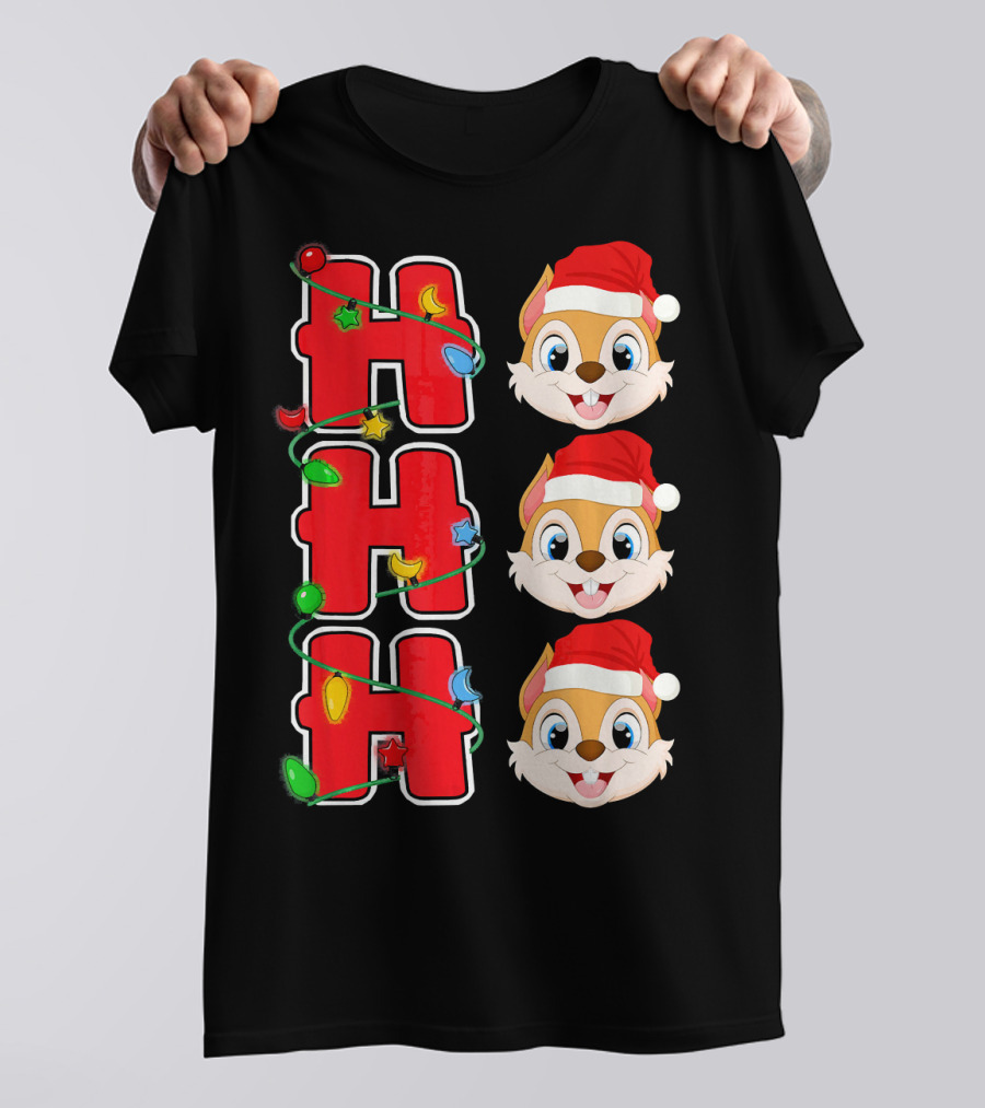 Ho Ho Ho Santa Squirrel Christmas Lights And Santa Hat Faces T-Shirt