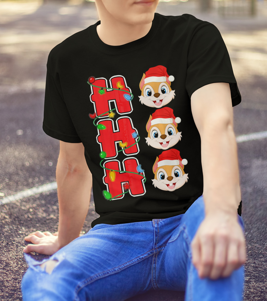 Ho Ho Ho Santa Squirrel Christmas Lights And Santa Hat Faces T-Shirt