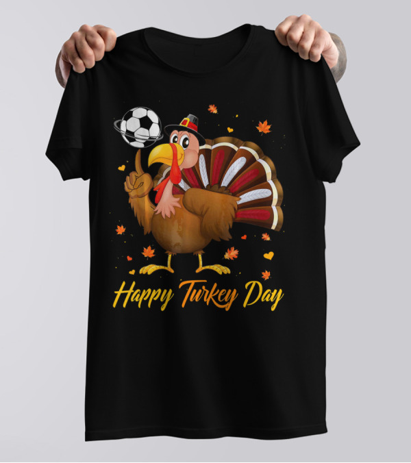 Happy Turkey Day Turkey Soccer Football Turkey With Pilgrim Hat T-Shirt