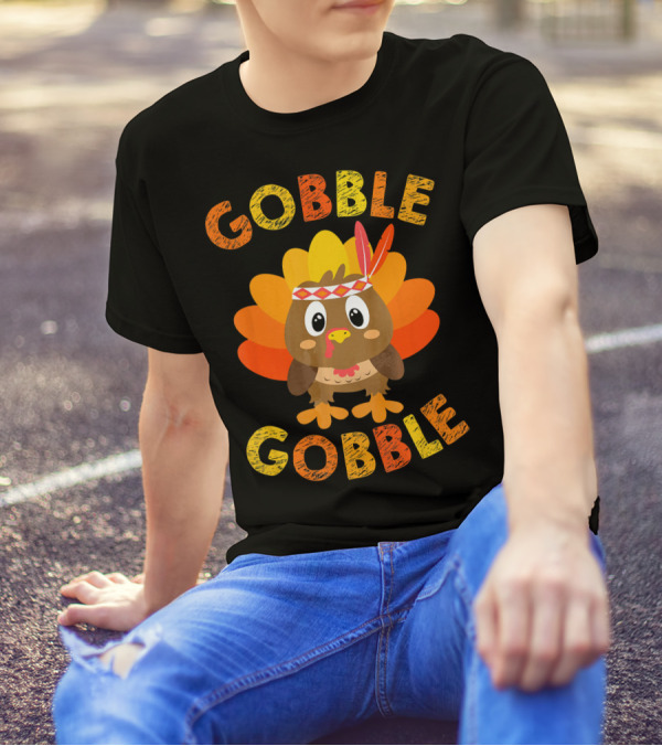 Gobble Gobble Turkey With Feather Headband And Colorful Tail T-Shirt