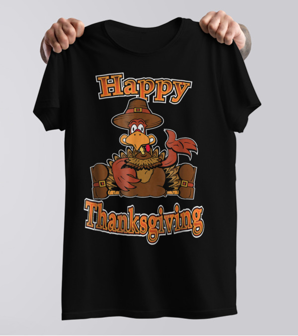 Happy Thanksgiving Funny Turkey With Pilgrim Hat T-Shirt