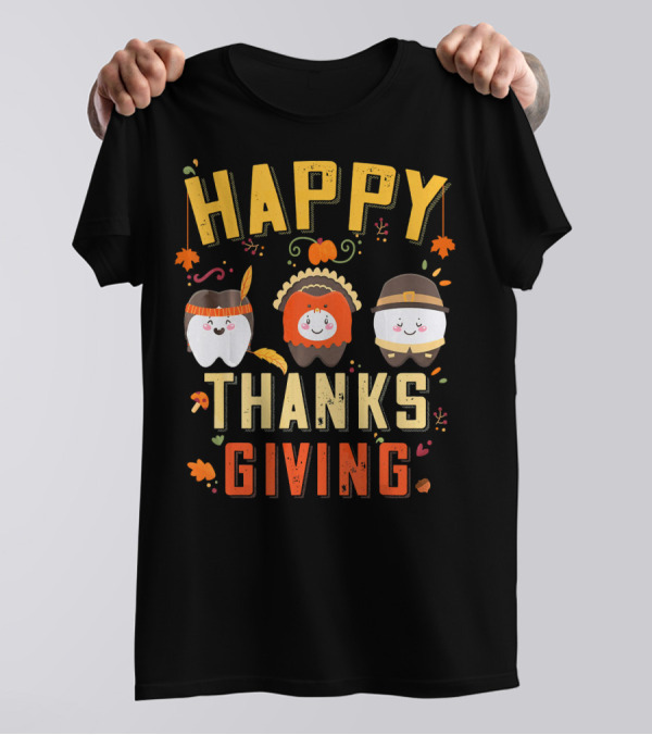 Happy Thanksgiving Autumn Fall Teeth Pilgrims T-Shirt