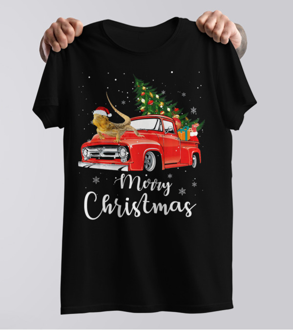 Merry Christmas Bearded Dragon Santa Rides Red Truck T-Shirt
